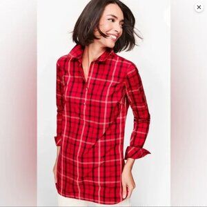 Talbots No-Iron Red Black Plaid Collared Popover Preppy Blouse Holiday Size 12